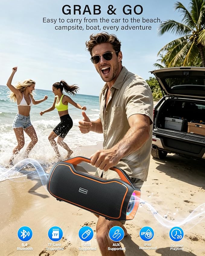 Portable Bluetooth Speaker Bass Boost, 120W Peak Loud Powerful Speakers Wireless w/2*Bass and 2*tweeters, 20H Playtime,IPX6 Waterproof, BT5.4, Suitable for Party, Beach, Camping,Outdoor,Large Jobsite