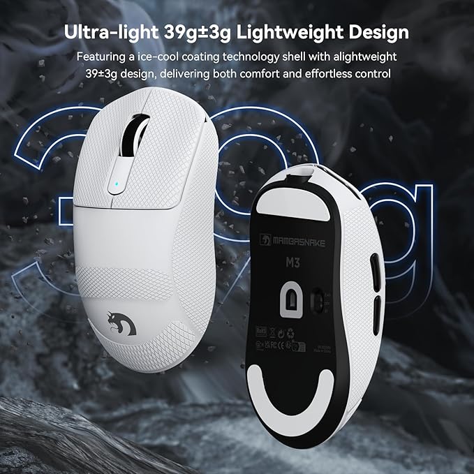 MAMBASNAKE M3 Wireless Gaming Mouse, 40K DPI, 39g Lightweight Gaming Mouse, PAW3395PRO Optical Sensor,Tri-Mode BT5.1/2.4G/USB-C PC Game Mice, Programmable Buttons,300mAh Battery for PC/Laptop/Mac/Win