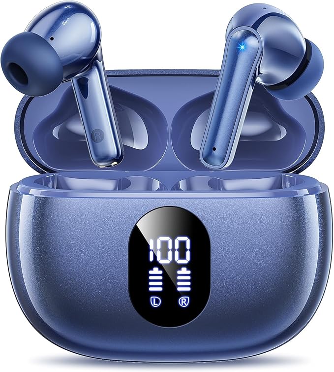 Wireless Earbuds Deep Bass Sound Ear Buds, Bluetooth 5.3 Headphones 48H Playtime, LED Display Earphones with Mic, IPX7 Waterproof Lightweight in-Ear Buds, Touch Control for iPhone TV Laptop Blue
