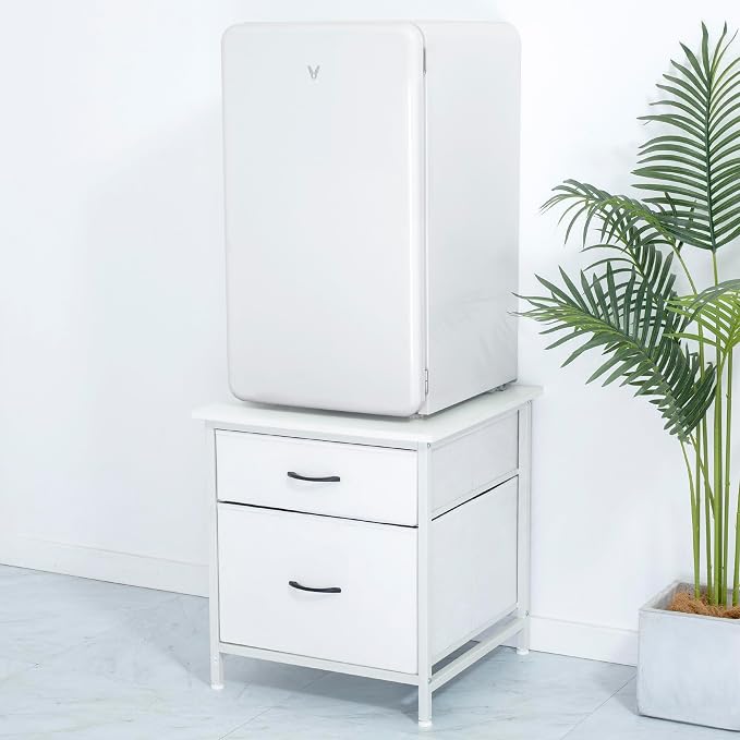 Mini Fridge Stand with 2 Drawer, Mini Fridge Organizer Stand Refrigerator Stand with Metal Frame for Dorm, Home, Kitchen, White