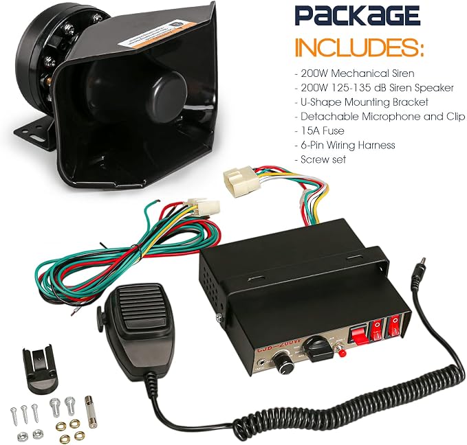 12V 200W 9 Tones Police Warning Emergency Siren PA System [180° Design Speaker][125-135dB][Handheld Microphone][Hands-Free][2 x 10A Switches] for Firefighter Ambulance Vehicles Truck SUV ATV UTV