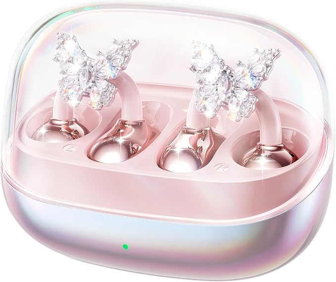 Kinglucky Gen2 Clip-On Open Ear Earbuds with Detachable Sparkle Butterfly Earrings, Bluetooth Wireless Headphones for Women, 50H Playtime, Comfortable Fit for Small Ears, Easy Storage Case,Transparent