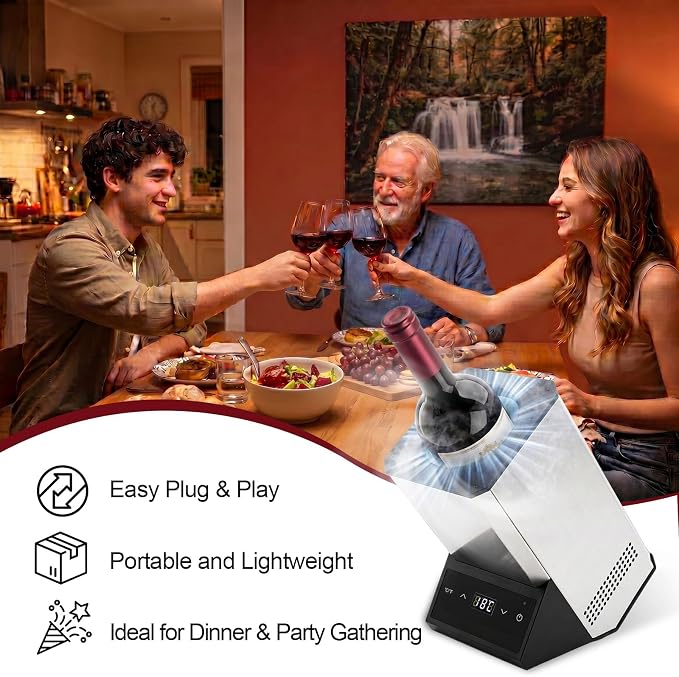 Electric Wine Chiller Single Bottle, Adjustable 41-64°F Fits 750ml Bottles | Iceless & portable design, supports 24-hour use. Suitable for home bar, gatherings, countertop and holiday gift