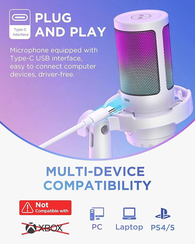 InnoGear USB Gaming Microphone Set, Noise Cancellation Condenser Mic with Boom Arm RGB Mute Headphones Jack for Streaming Podcasting Recording Vocal PC Computer YouTube Discord PS4 PS5, White