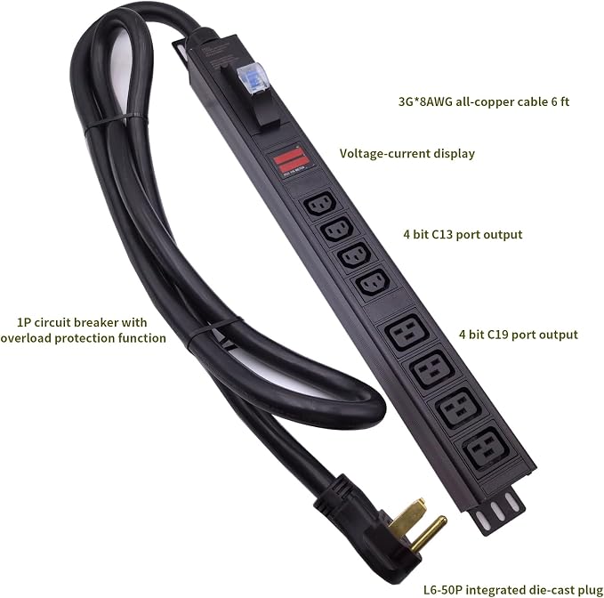 50 Ampere Rack Mounted PDU Power Socket, 4-Position C13+4-Position C19 Combination Circuit Breaker Protection, Aluminum Alloy Shell, 6-Foot 8AWG Cable Voltage and Current Display Instrument(C13-08-D)
