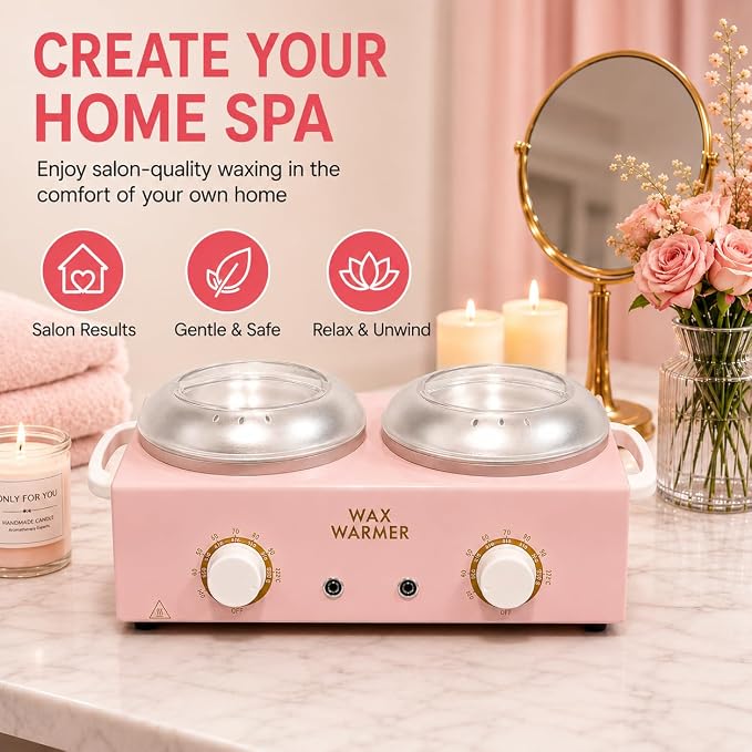 Wax Warmer for Hair Removal, Dual Pot Wax Melter Machine with Silicone Bowls & 20 Wooden Sticks, Adjustable Temperature Pink Wax Heater for Home Spa & Salon Use