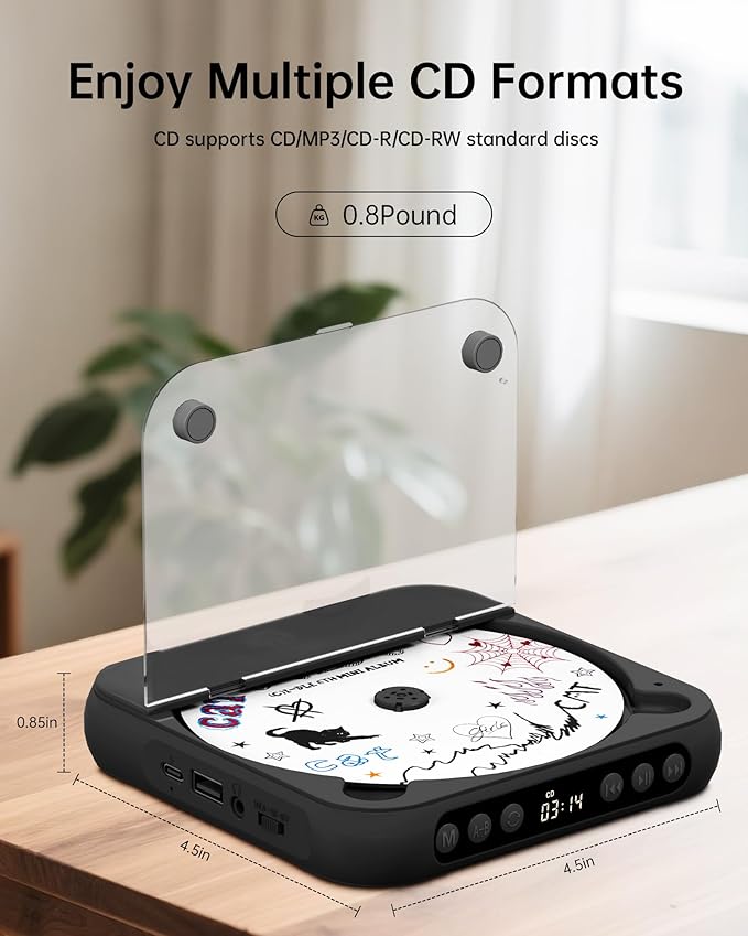ENVYCLOUD CD Player Portable with Dual Stereo Speakers, Rechargeable Portable Player with Bluetooth for Home with Headphones, Support CD/AUX/USB,Black