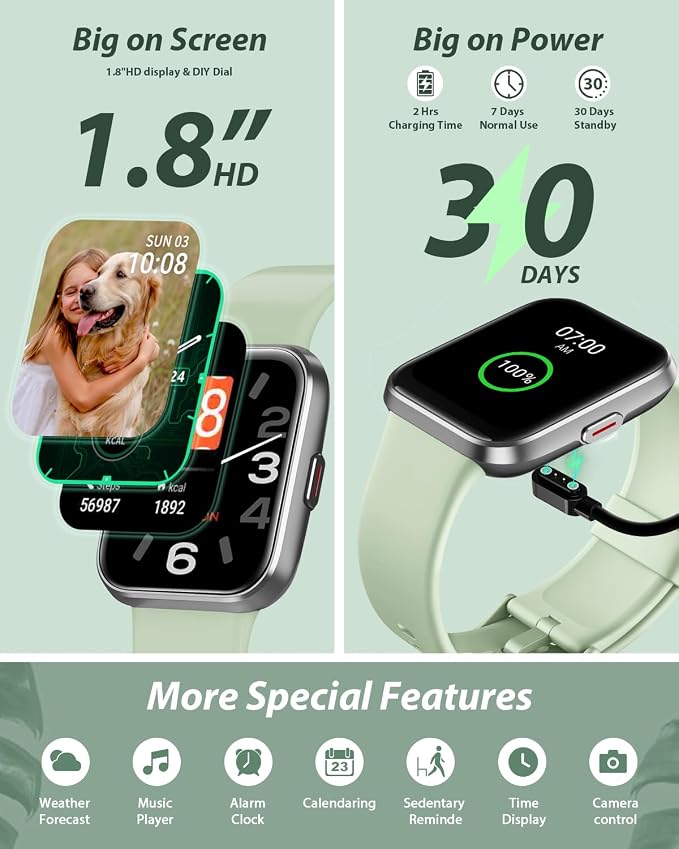Tensky Smart Watch for Men Women(Call Receive/Dial), Alexa Built-in, 1.8" Touch Screen Fitness Tracker with Heart Rate Sleep Tracking, 100 Sports Modes, 5ATM Waterproof Smartwatch for Android iPhone