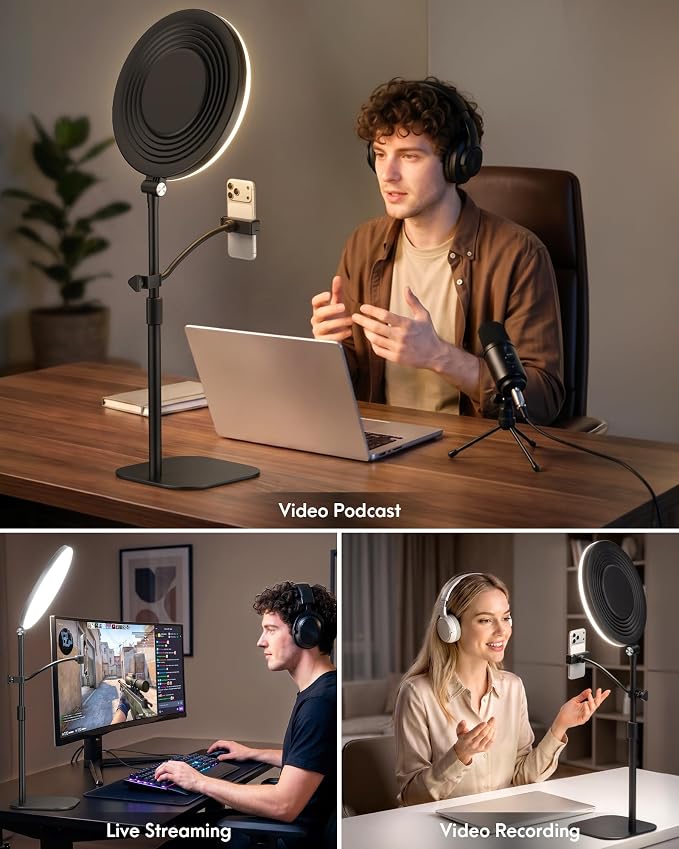 Full-Panel Ring Light with Stand and Extra-Long Flexible Phone Arm for Podcast & Streaming, 10" LED Video Light for Desk, Laptop & Computer, Dimmable Studio Lighting for Recording & Content Creation