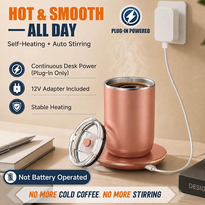 Self Stirring Heated Coffee Mug, 10 oz Auto Magnetic Mixing Cup, DustyRose | 304 stainless steel interior. Includes 3 heat settings, 8H auto shut-off, plug-in base for home office desk