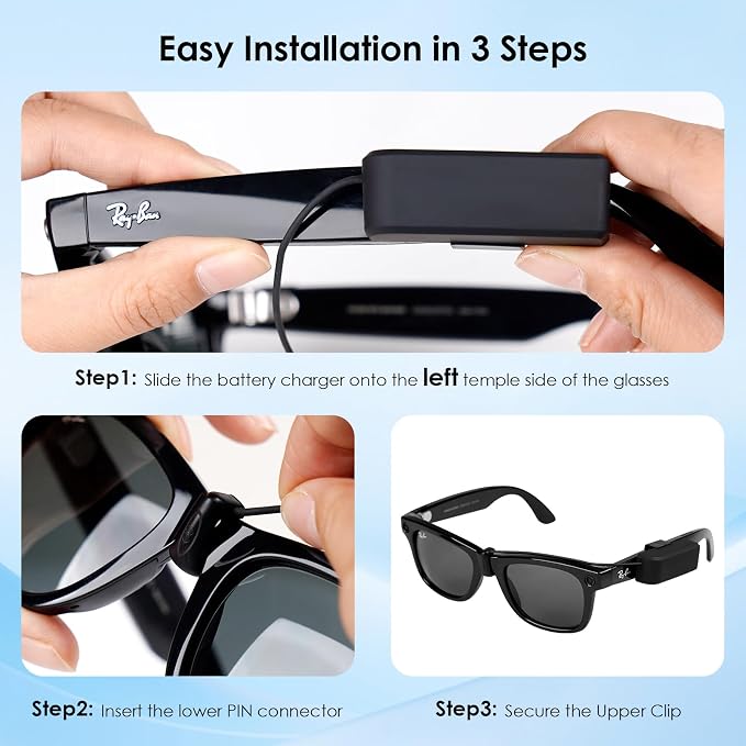Wearable Charger for RayBan Meta Gen 2, RayBan Meta Gen 1, Wayfarer/Skyler/Headliner/Oakley Meta HSTN, Portable Charger for Meta Glasses Accessories, Mini Charger for Meta