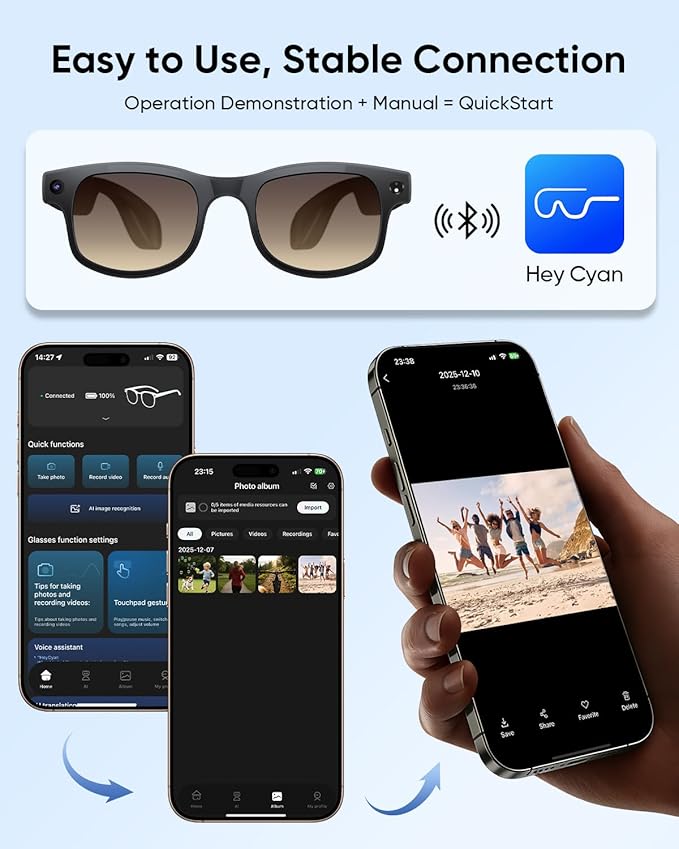 CJkao Smart Glasses with Camera for Men, Video Recording, Voice Recording, Voice Assistant Control, Bluetooth Music, AI Glasses for Teenager