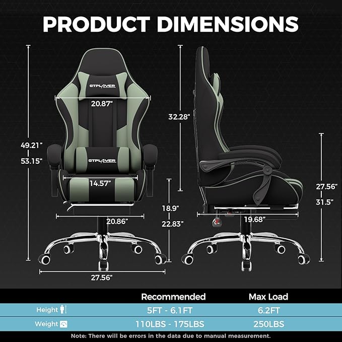 GTPLAYER Gaming Chair, Computer Chair with Footrest and Lumbar Support, Height Adjustable Game Chair with 360°-Swivel Seat and Headrest and for Office or Gaming (Green, Fabric)