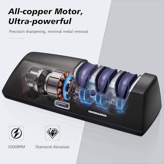 HOSHANHO Electric Knife Sharpener, Professional 3-Stage Diamond Knife Sharpener Electric, Replaceable Grinding Wheels & 20° Precision Guide for Kitchen Knives, Quick Sharpening to Restore & Polish