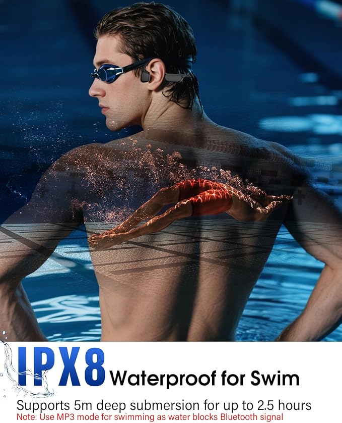 Bone Conduction Headphones, IPX8 Waterproof Swimming Headphones, Open Ear Headphones with MP3 Mode 8GB Memory Up to 12 Hours Playtime, Bluetooth 6.0 Earbuds Secure Fit for Running and Fitness