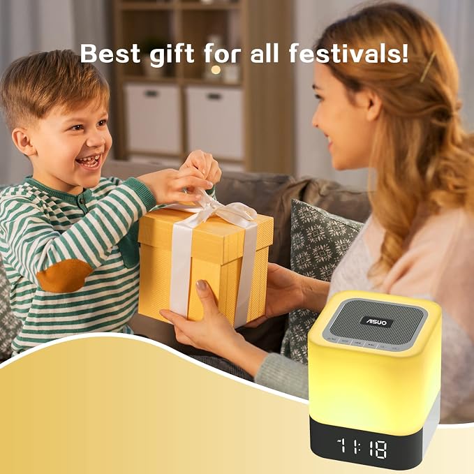 Night Light-5 in 1 Bedside Lamp with Bluetooth Speaker, 12/24H Digital Calendar Alarm Clock, Touch Control, Support TF and SD Card, Music Player, Gift for Girls Boys Teens,Warm White