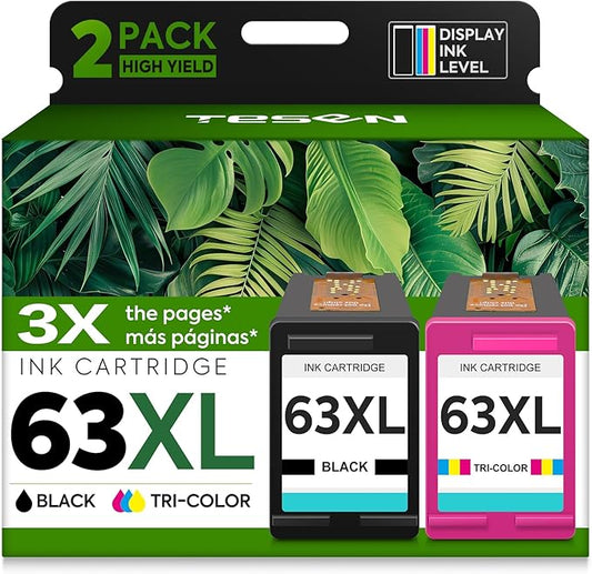 TESEN 63XL Ink Cartridge Replacement for HP Ink 63 HP63 HP63XL Compatible for HP Officejet 4650 5258 5200 3830 5255 4655 4652 5252 Deskjet 3630 3634 1112 Envy 4510 4520 Printer 2-Pack Black Tri-Color