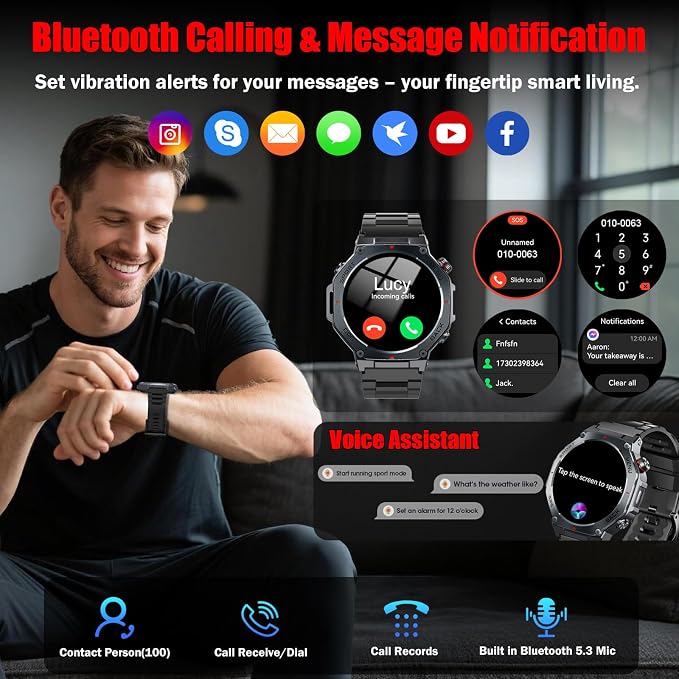 Military Smart Watch for Men with Dual-Band GPS, 5ATM Waterproof, 1.43” AMOLED Fitness Watch, Heart Rate Blood Oxygen Sleep Monitor, 160+ Sport, Bluetooth Calling Smartwatch for Hiking Running Outdoor