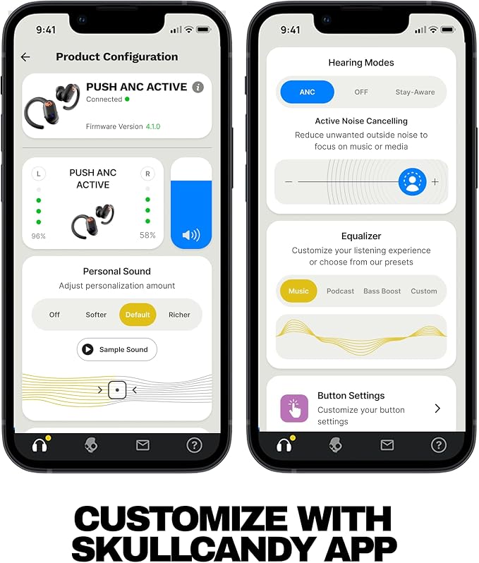 Skullcandy Push ANC Active Wireless Earbuds, Bluetooth Headphones, Noise Cancelling, 58 Hours Battery, Secure-Fit Over-Ear Hanger, Sweat and Waterproof, Microphone for iPhone Android - Black/Orange