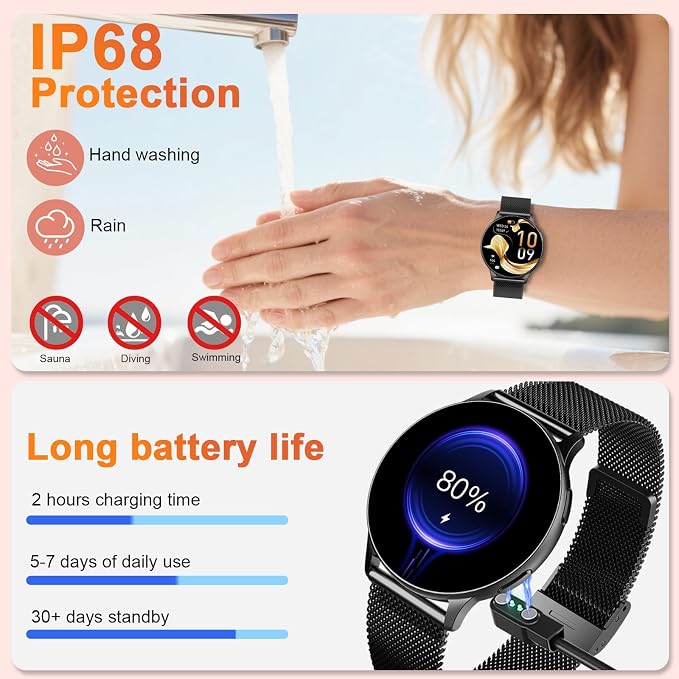 Jugeman Smart Watch for Women, 1.32" AMOLED Screen Fitness Tracker with Bluetooth Calling (Answer/Make Calls), Step Heart Rate Sleep Monitor, IP68 Waterproof Watch for Android/iPhone (Black)