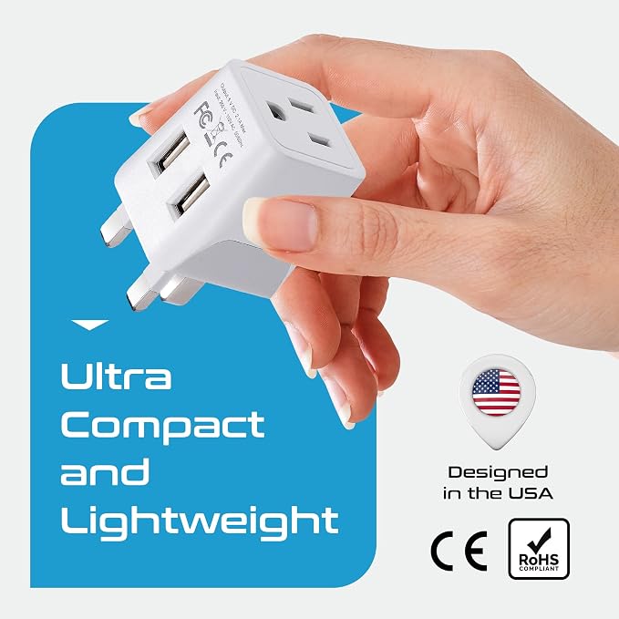 Ceptics UK adapters for Travel to London, Hong Kong, Ireland - Dual USB-A & USA Input - Type G Adapter Grounded - Ideal for Phone, Laptop, Cameras