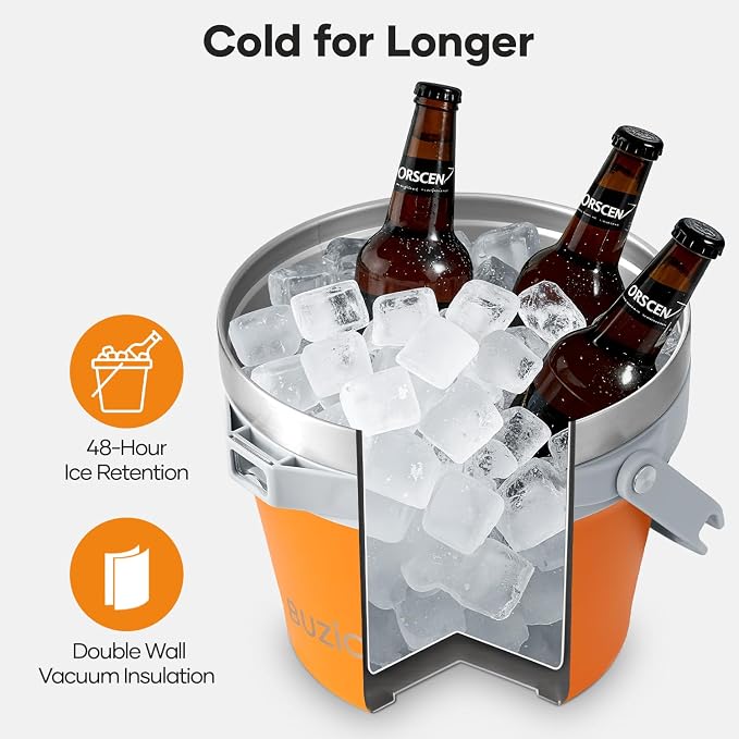 BUZIO 7 L Ice Bucket with Lid, Scoop, Tongs & Metal Stainless Steel 14 oz Cups, Keep Cold for 48 Hrs, Double Wall Vacuum Insulated Large Beer Bucket for Parties Cocktail Bar, Orange