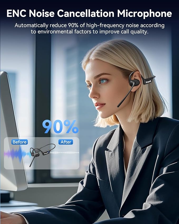 Open Ear Headphones with Mic, Bluetooth Headset with AI Noise Cancellation Microphone Air Conduction Headphones Bluetooth 5.4 Wireless Headset with Mic for Work Call Meeting Driving Sports（Black）