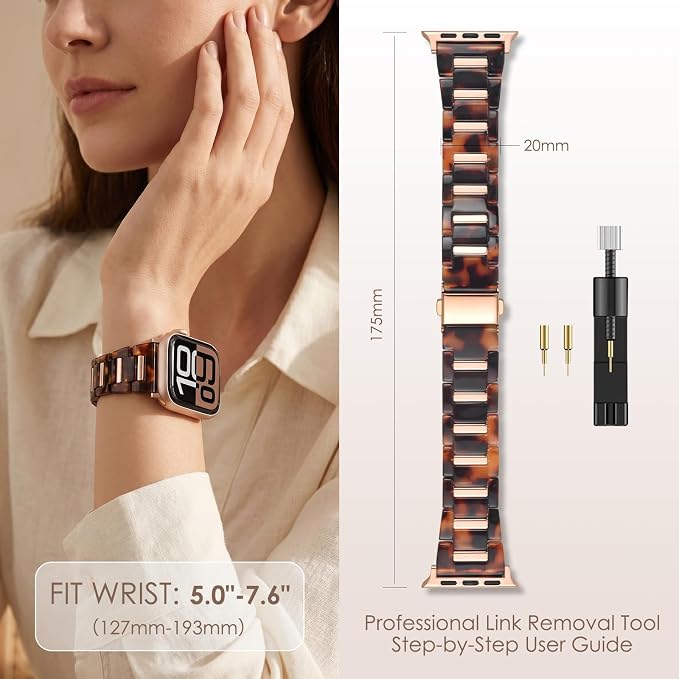 V-MORO Resin Band Compatible with Apple Watch 42/44/45/46/49mm,Fashion Lightweight Bracelet with Polished Rose Gold Stainless Steel Inlay for iWatch Series 11/10/9/8/7/6/5/4/3/2/1/SE,Tortoise Shell