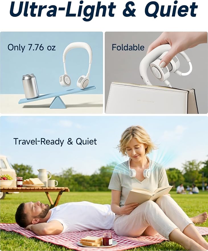 Portable Neck Fan - Hands Free Personal Face Fan, 5 Speeds Rechargeable Wearable Cooling Fan, Flexible Foldable Small Thin Quiet Neck Cooler for Travel, Work, Hot Flashes (White)
