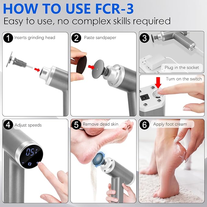 Upgraded Electric Callus Remover for Feet 4500rpm, Adjustable Speed Professional Electric Foot Sander Foot File for Calloused Feet Dead Skin Cracked Heel, with 3 Interchangeable Heads (Gray)