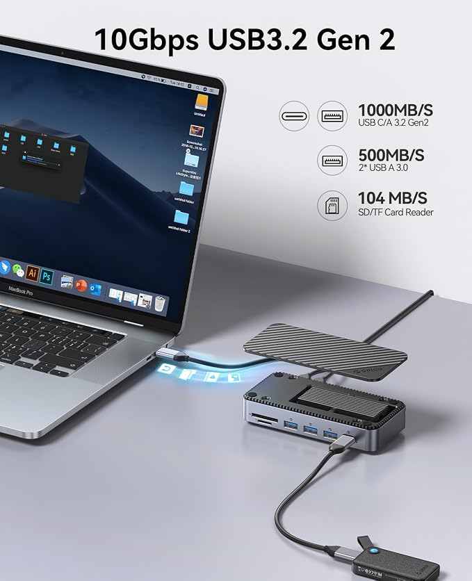 ORICO 12-in-1 USB C Hub with m.2 ssd Enclosure, USB C Docking Station Dual Monitor HDMI DP 8K@30Hz/4K@60Hz, 10Gbps USB, Gigabit Ethernet, 100W PD, SD TF Reader for Mac & Windows Laptops M2P11