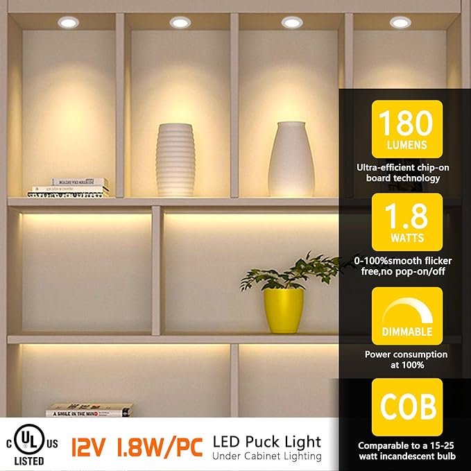 VST Under Cabinet Lights CCT 3000K-6500K, LED Puck Light Color Temperature and Brightness Adjustable with Touch Remote Dimmer and ETL-Listed Led Driver for Drawer Wardrobe Kitchen （White）