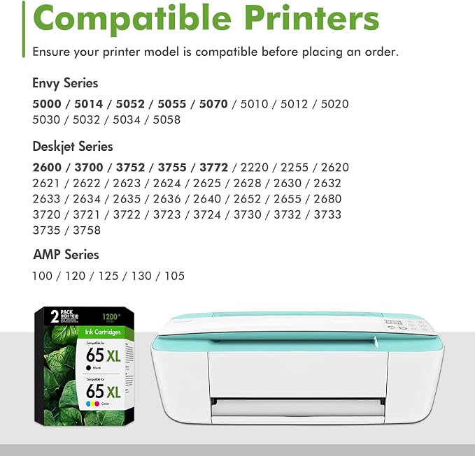 65XL 65 Ink Cartridges Black/Color Combo Pack Replacement for HP 65XL Ink Work for Officejet Envy 5055 DeskJet 3755 3700 3772 2600 3752 Envy 5000 5052 5070 Printer (1 Black,1 Tri-Color)