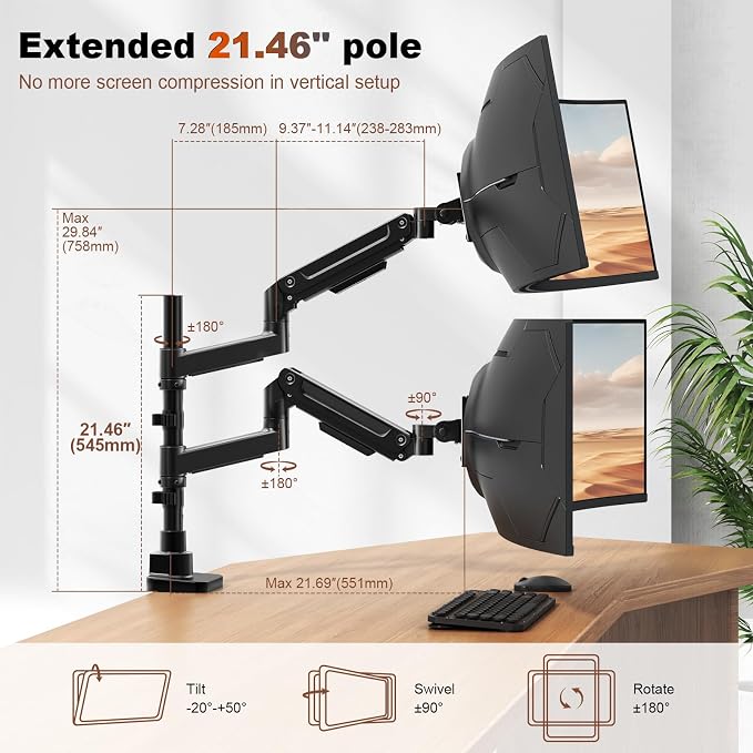 Dual Monitor-Arm Heavy-Duty for 17-49-inch Screens - Premium Vertical Stacked Dual Monitor Arm Desk Mount for Ultrawide Screens up to 44lbs, Fully Adjustability, VESA 75/100 mm, Black