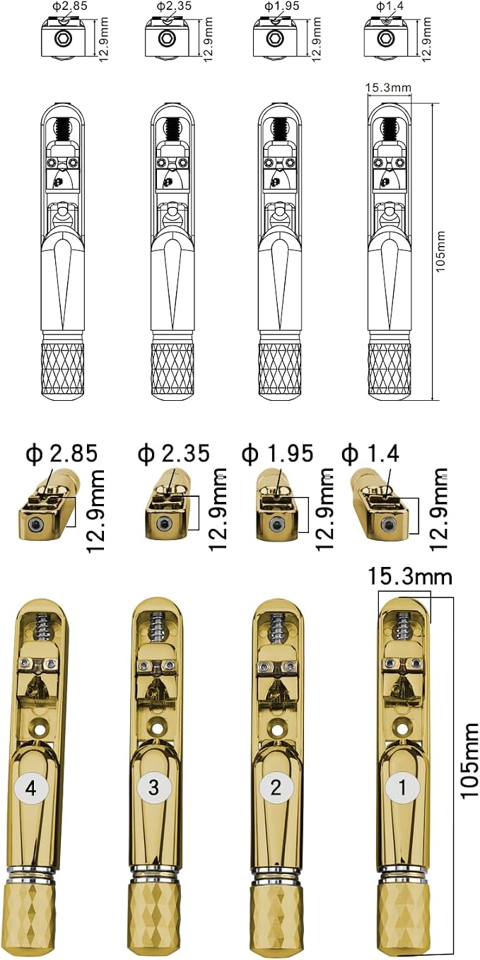 Pack of 4 Individual Single Tubular Fixed Bridge 4 String Electric Bass Bridge for Headless 4-string Bass Replacement Parts Gold