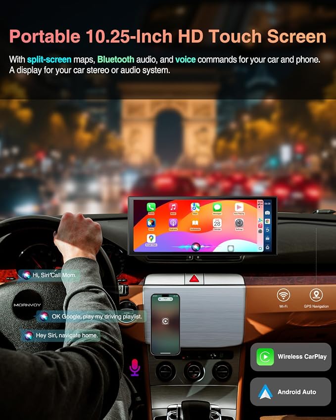 10.25″ CarPlay Screen with Dashcam & Apps, Built-in Google-Play & 6GB+128GB, Portable Android Auto Display 1920x720, Dual 1080P DVR, Wireless Bluetooth, Supports Steering Wheel Controls
