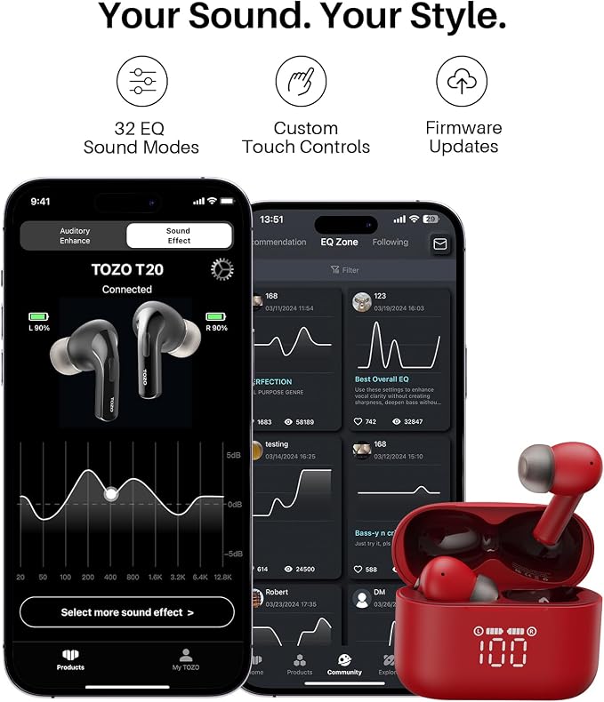 TOZO T20 Wireless Earbuds, Bluetooth 5.3 Headphones with 97H Playtime, IPX8 Waterproof, Dual Mic ENC Call Noise Cancelling, Deep Bass Sound, LED Display, Wireless Charging Case