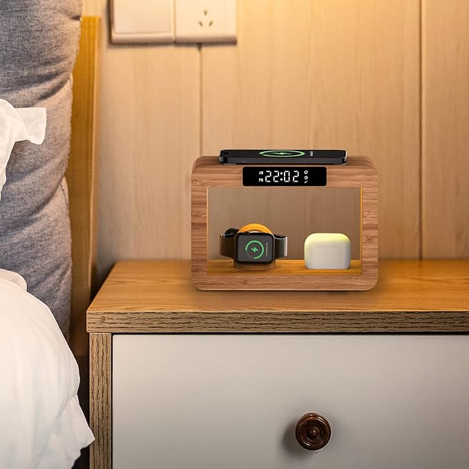 Bamboo Wireless Charging Station, Night Light with Digital Alarm Clock, Nightstand Charging Station for Apple Devices, Fast Wireless Charger for iPhone/Apple Watch/AirPods Pro