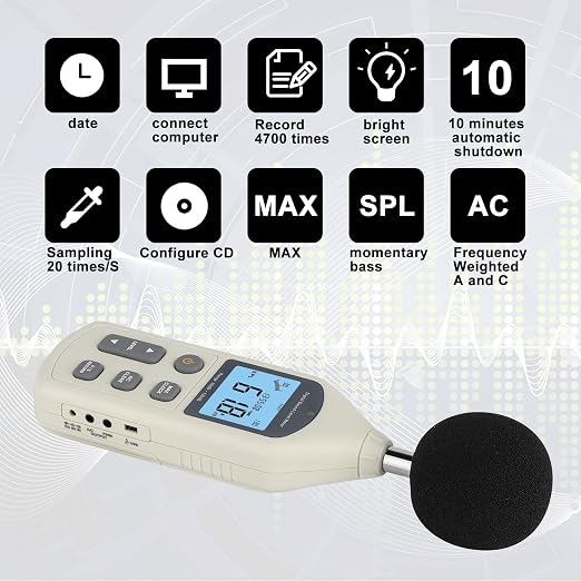 Decibel Meter, Professional Sound Level Meter with Backlight Display, USB Available SPL Meter 30 to 130dB, EC651 & ANSI S1.4 Standards A/C Weighted Sound Meter, Noise Meter with Records to 4700