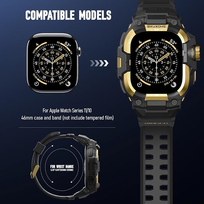 BXUXOHS Rugged Case and Band for Apple Watch 46mm Men, Compatible with Apple Watch Series 11/10, Military Grade Shockproof Bumper Cover, Tactical Band Case for iWatch 11/10 Man, Gold
