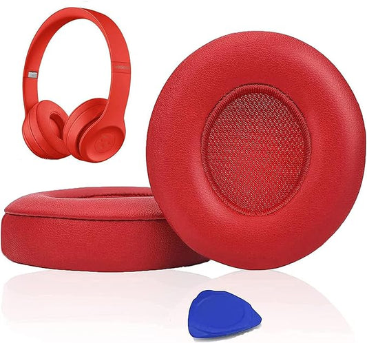 SoloWIT Earpads Cushions Replacement for Beats Solo 2 & Solo 3 Wireless On-Ear Headphones, Solo2 Solo3 Ear Pads with Soft Protein Leather, Added Thickness - Red