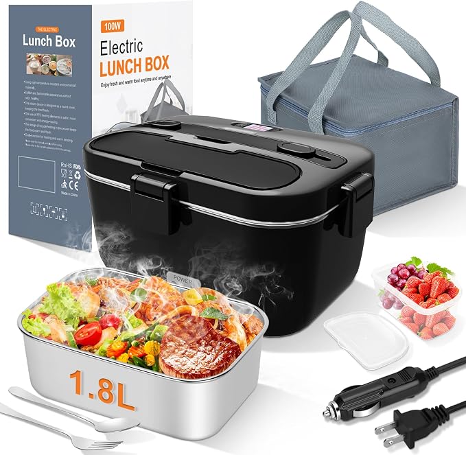 DUPASU Electric Lunch Box Food Warmer: 100W Heated Lunch Box for Adults, 1.8L Portable Fast Heating Lunchbox Food Heater for Car, Truck, Work, Travel, Lonchera Elctrica Porttil 12/24V/110-230V (Black)