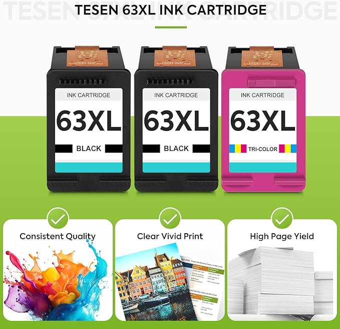 TESEN 63XL Ink Cartridge 2-Pack Black and Color Replacement for HP Ink 63 HP63 XL Compatible for HP 4650 5258 5200 3830 5255 4655 4652 5252 3630 36341112 4510 4520 Printer Display Ink Level
