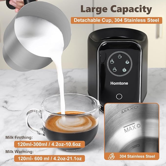 Homtone Upgraded 5-in-1 Electric Milk Frother,Large 21 oz Capacity Induction Milk Steamer,Removable Stainless Steel Automatic Milk Foamer for Latte, Hot Chocolate, Hot & Cold Foam
