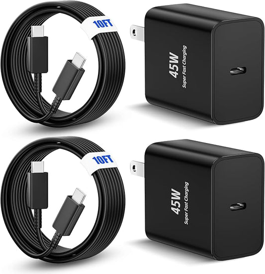 45 W Type-C Super Fast Charger Long Type C Charger Fast Charging 6/10FT 2 Pcs Phone Charger Cable Cord Suitable for Galaxy S25/S24 S23 S22 S21 Ultra/S20/S20 Ultra/Note 20 Ultra(45 W Black, 10FT)