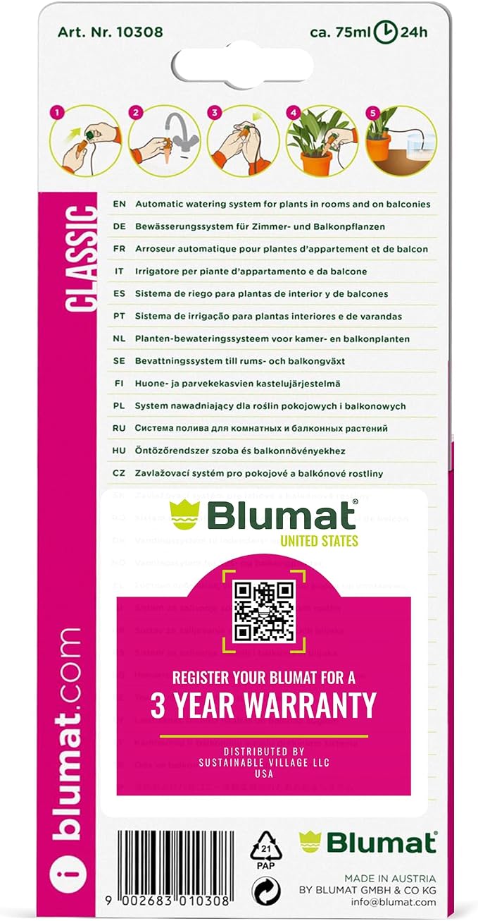 Blumat Classic Self-Watering Stakes - Prevents Overwatering and Underwatering for Healthy Growth While You are Away - Ideal for Indoor Plant Watering (6 Pack w/o Adapter)