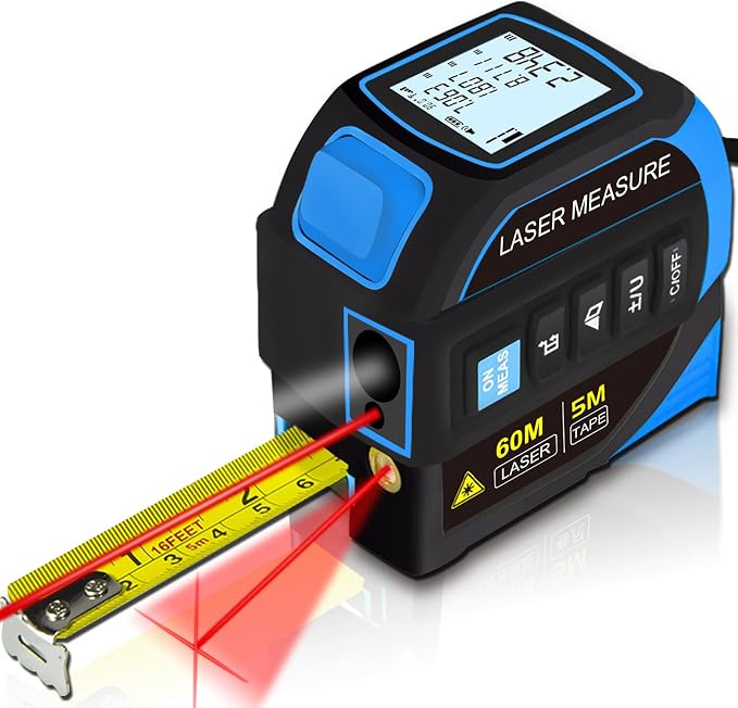 Menider 4-in-1 Laser Measure Tool - Digital LCD & Self-Locking, 196ft/60m Laser & 16ft/5m Tape, Cross Line & Dual-Axis Angle, Rechargeable for Pros
