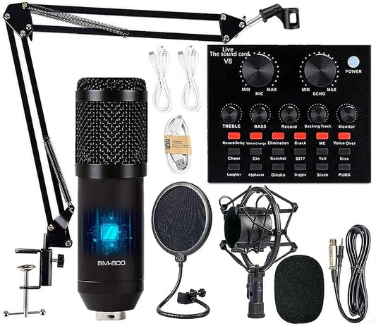 Podcast Equipment Bundle, BM-800 Mic Kit with Live Sound Card, Adjustable Mic Suspension Scissor Arm, Metal Shock Mount and Double-Layer Pop Filter for Studio Recording & Broadcasting (CF200-Black)