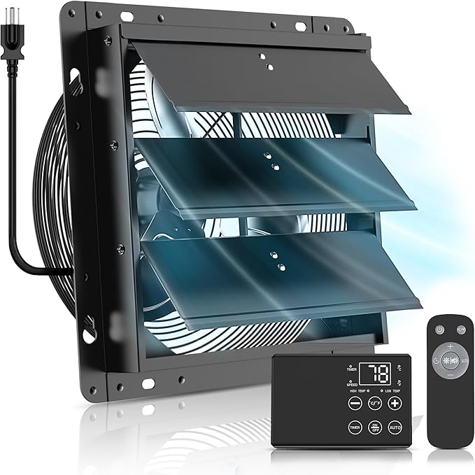 12 Inch Upgraded Shutter Exhaust Fan with Thermostat & Remote Control, Automatic On/Off by Temperature, 980 CFM Wall Mounted Garage Fan for Attic, Greenhouses, Sheds, Chicken Coops & Shops