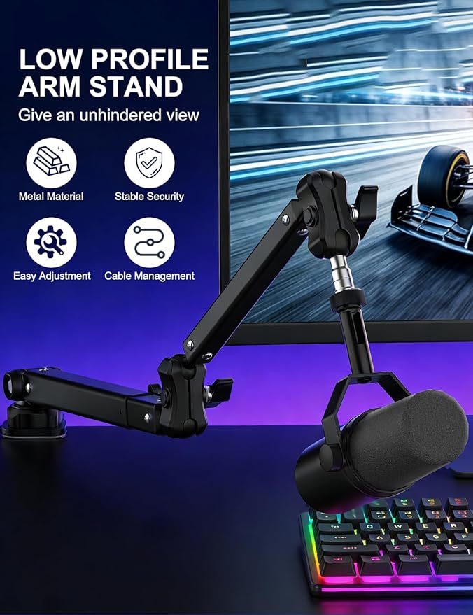 Kairiyard Microphone Boom Arm, 360° Rotatable Heavy Duty Stable Metal Low Profile Mic Arm Stand Desk Mount for Podcast Live Streaming Gaming Studio, with Cable Management, 3/8'' to 5/8'' Adapter